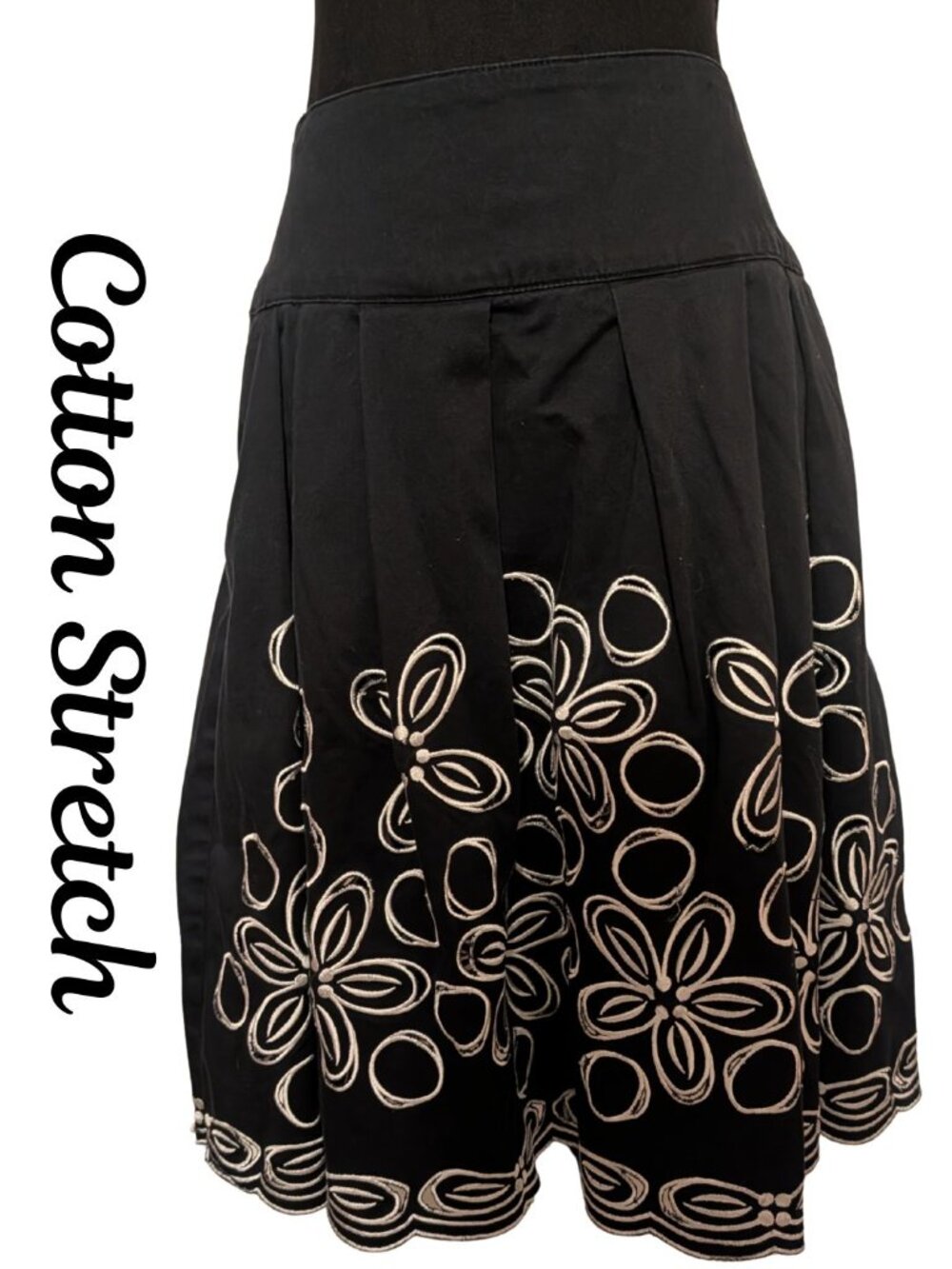 Very Vera Black Embroidered Skirt – Cutout Floral Design-Cotton Stretch